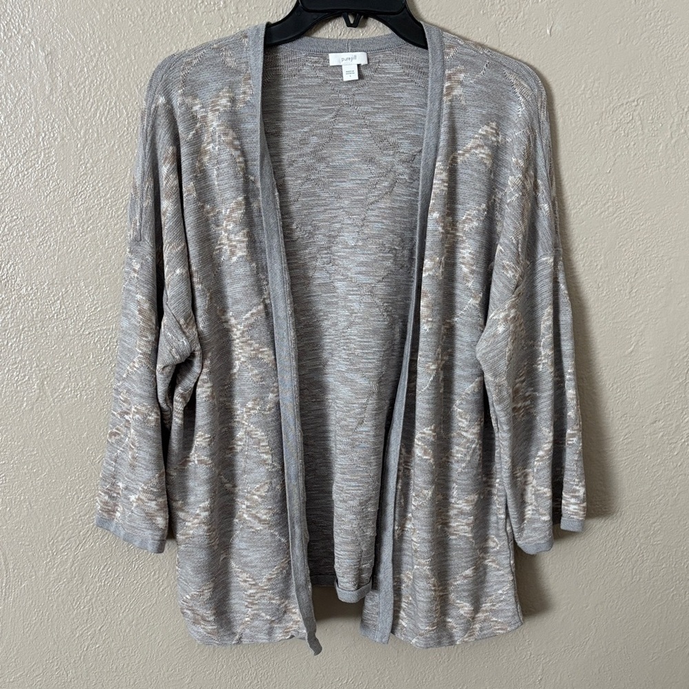 J. Jill Women’s PureJill Gray‎ Leaf Print Cotton 3/4 Sleeve Open Cardigan Large